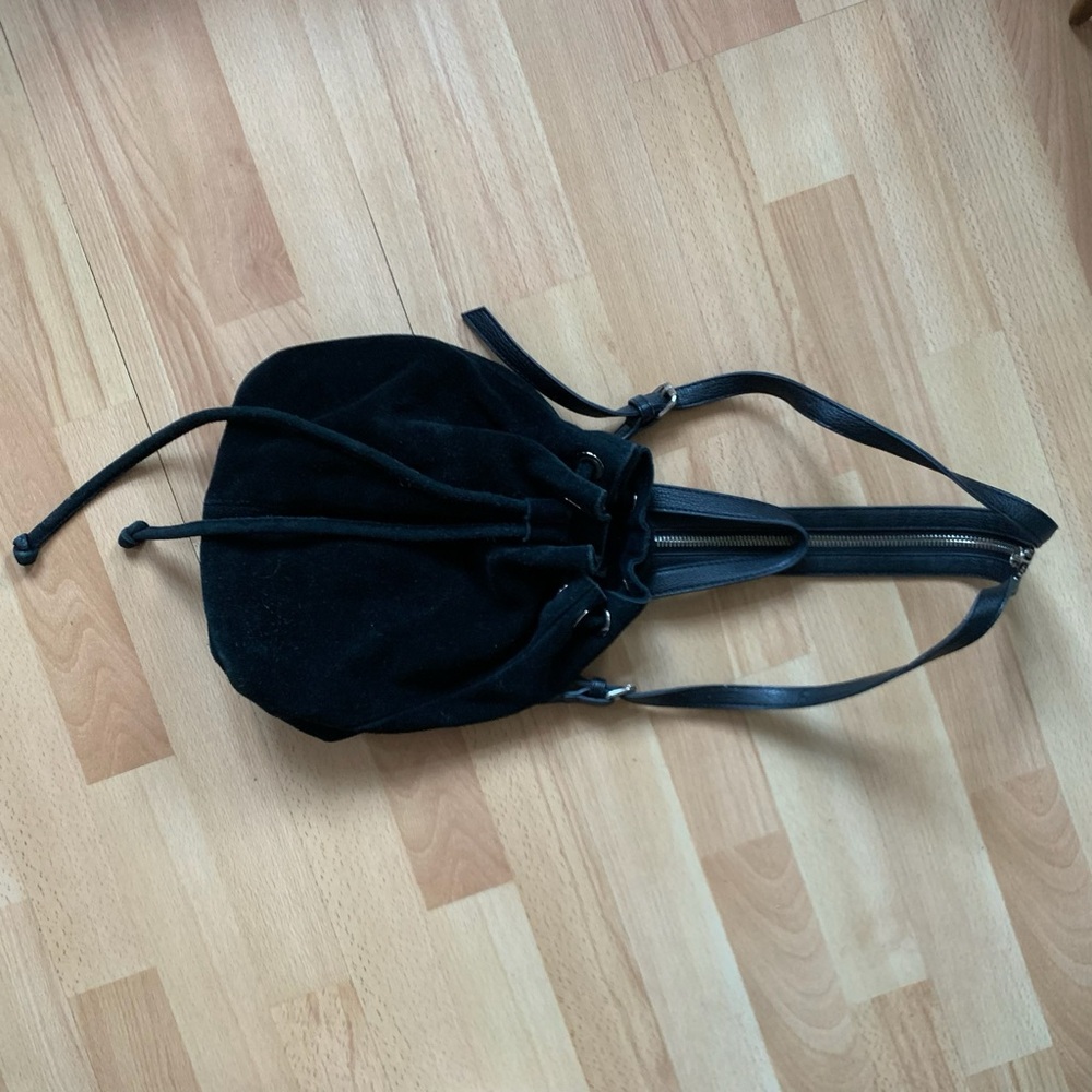 Y2K Black real Suede Drawstring purse Backpack with leather trim silver hardware - Picture 3 of 7